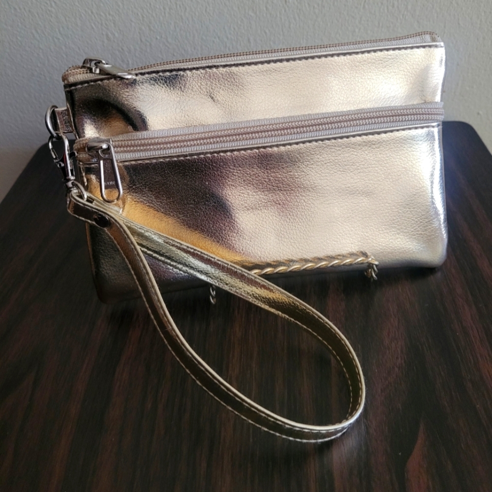 Gold women's zippered wristlet clutch